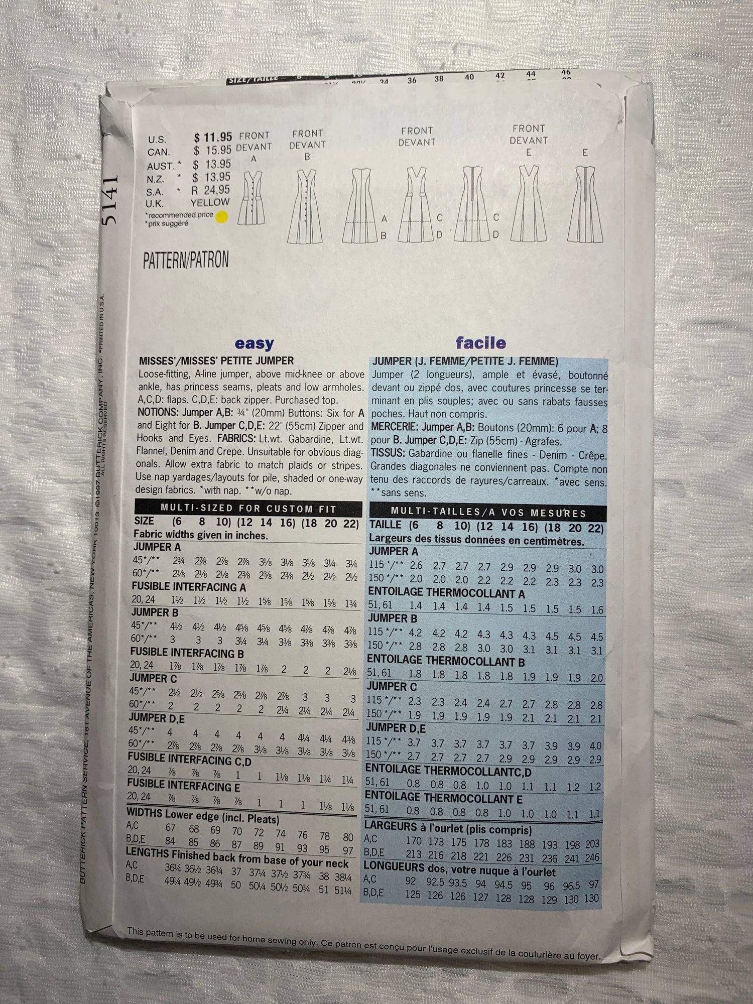 Butterick Sewing Pattern 4932 Misses'/Misses' Dress, Jumper, Loose-Fitting, Sleeveless, Button Front, Two Lengths, Princess Seams, Size 6-10, Uncut, Vintage 1997
