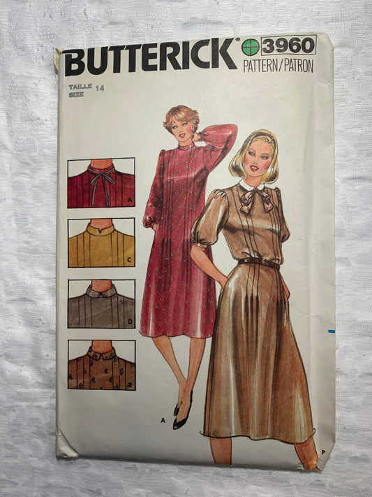 Butterick Sewing Pattern 3960 Misses' Dress, Long/Short Sleeves, Zipper Back, Loose-Fitting, Size 14, Uncut, Vintage 1992