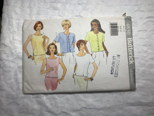 Butterick Sewing Pattern 4830 Misses' Top, Semi-Fitted, Princess Seams, Zipper Back, Short Sleeves, Size 6-10, Uncut, Vintage 1997
