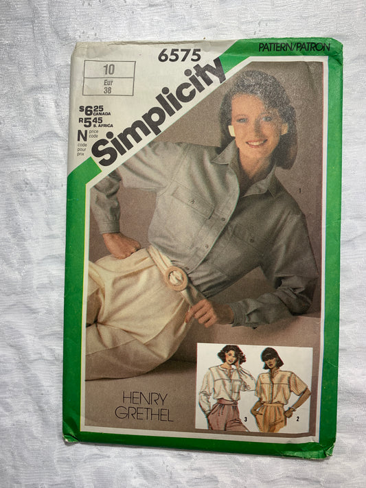 Simplicity Sewing Pattern 6575 Misses' Shirts, Button Front, Long/Short Sleeves, 3 Variations, Size 10, Uncut, Vintage 1985