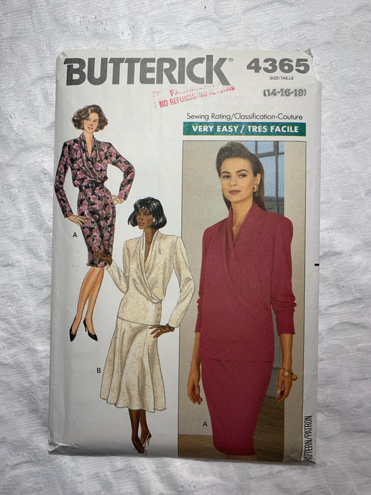 Butterick Sewing Pattern 4365 Misses' Top, Skirt, Semi-Fitted, Shoulder Pads, Zipper Back, Size 14-18, Uncut, Vintage 1989