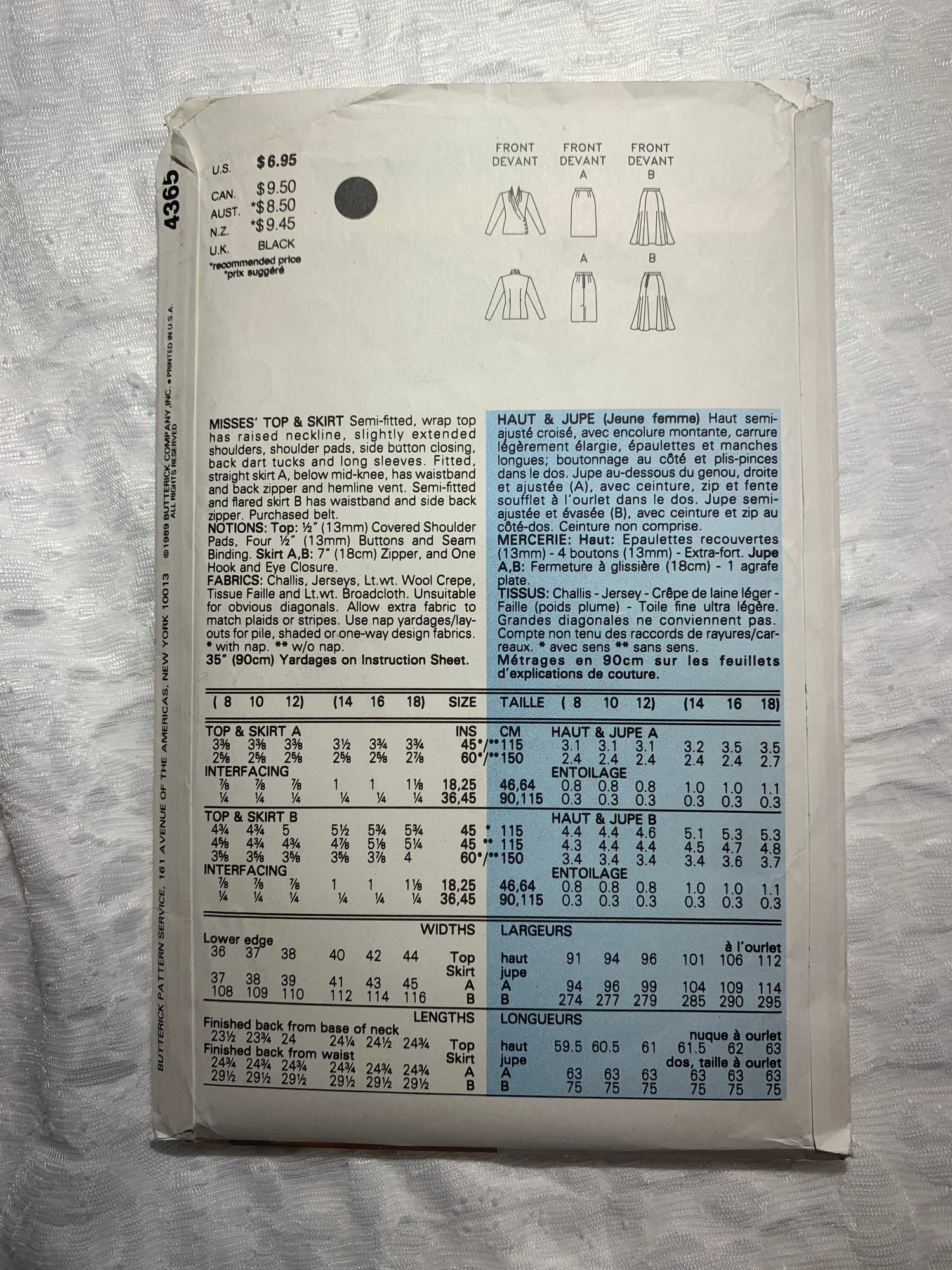 Butterick Sewing Pattern 4365 Misses' Top, Skirt, Semi-Fitted, Shoulder Pads, Zipper Back, Size 14-18, Uncut, Vintage 1989