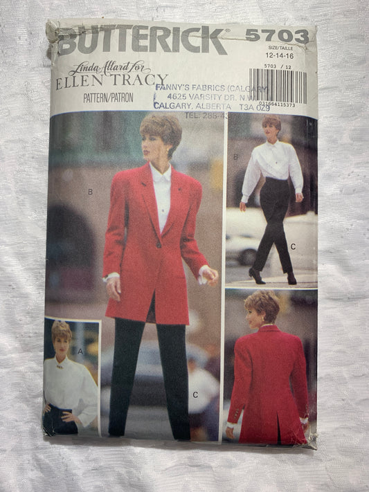 Butterick Linda Allard/Ellen Tracy Sewing Pattern 5703 Misses' Jacket, Blouse, Jabot, Pants, Stirrups, Size 12-16, Uncut, Vintage 1991