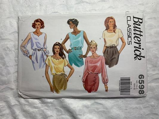 Butterick Sewing Pattern 6598 Misses' Blouse, Top, Semi-Fitted, Long/Short Sleeves, Size 6-10, Uncut, Vintage 1993