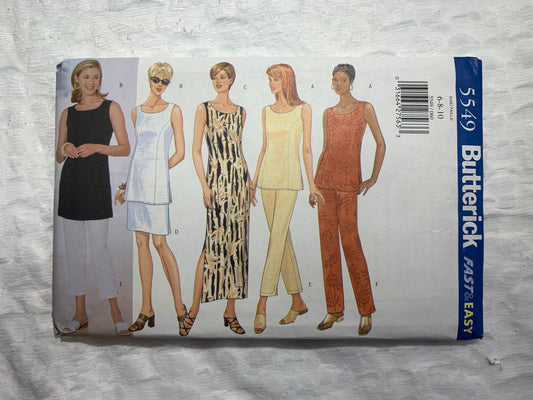 Butterick Sewing Pattern 5549 Misses'/Misses' Petite Dress,Tunic, Skirt, Pants, Fitted, Zipper Back, Sleeveless, Size 6-10, Uncut, Vintage 1998