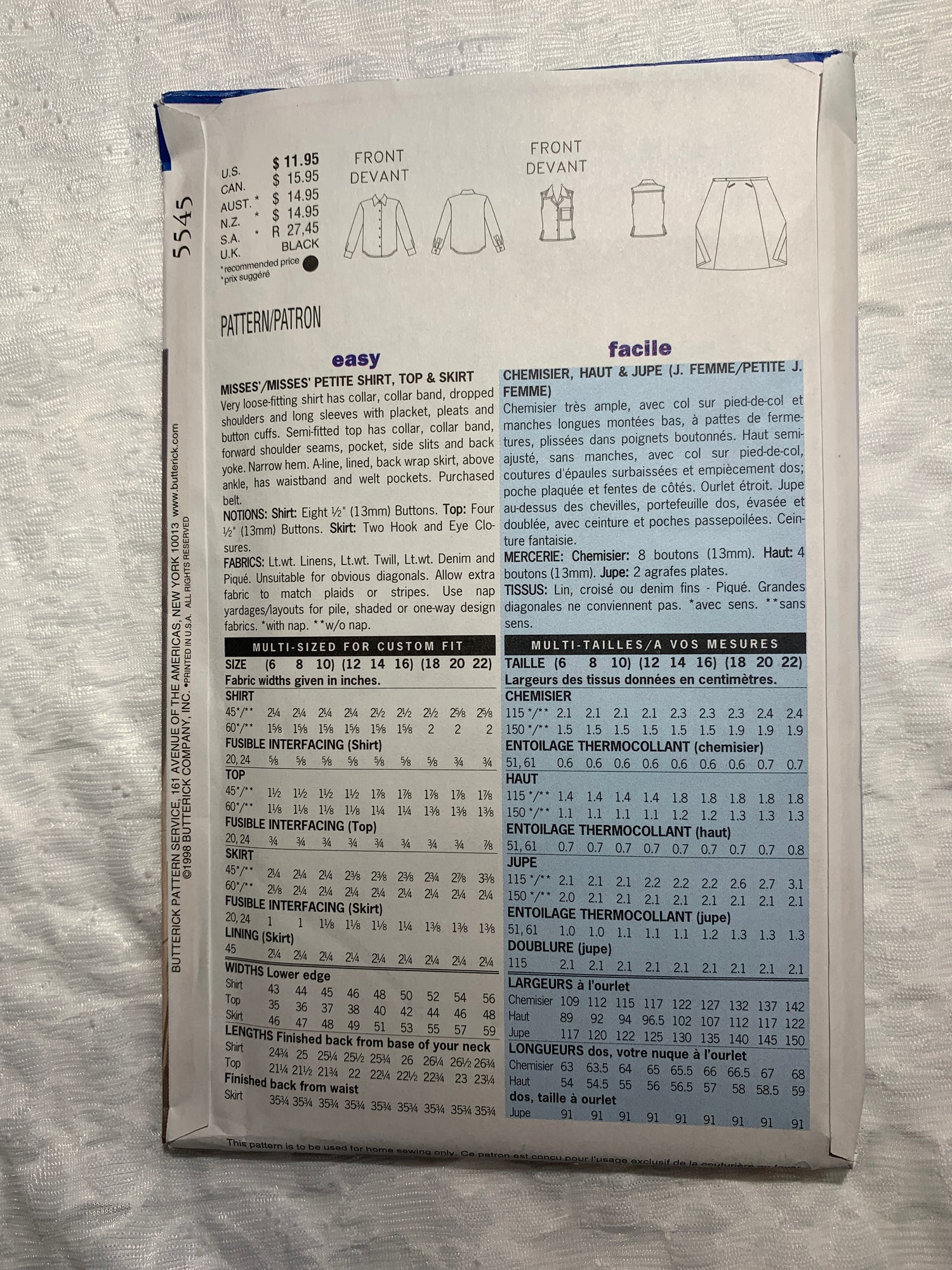 Butterick Linda Allard/Ellen Tracy Sewing Pattern 5545 Misses'/Misses' Petite Top, Skirt,  Size 6-10, Uncut, Vintage 1998