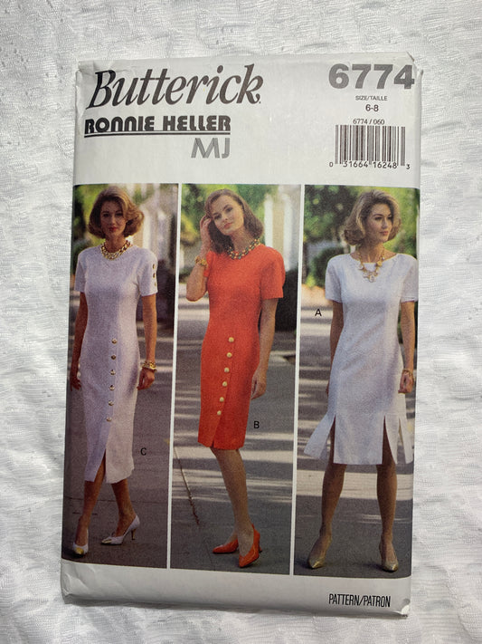 Butterick Sewing Pattern 6774 Misses' Dress, Semi-Fitting, Shoulder Pads, Two Lengths, Short Sleeves, Zipper Back, Size 6-8, Uncut, Vintage 1993