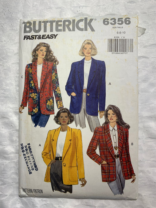 Butterick Sewing Pattern 6356 Misses' Jacket, Loose-Fitting, Shoulder Pads, Long Sleeves, Pocket, Unlined, Belt, Size 6-10, Uncut, Vintage 1992