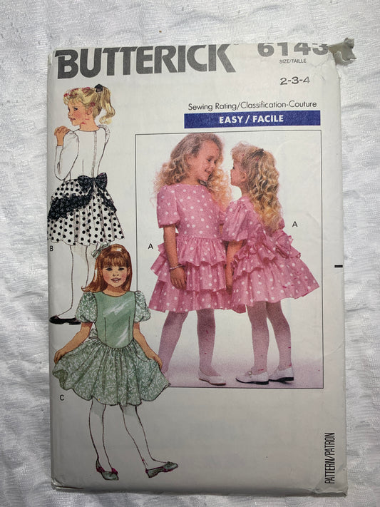 Butterick Sewing Pattern 6143 Girls' Dress, Flared Skirt, Ruffles, Zipper Back, Tie Ends, Size 2-4, Uncut, Vintage 1988