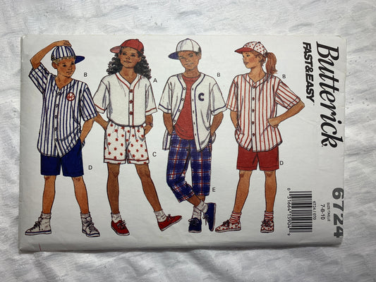 Butterick Sewing Pattern 6724 Girls'/Boy's Shorts, Top, Pants, Cap, Loose-Fitting, Button Front, Size 7-10, Uncut, Vintage 1993