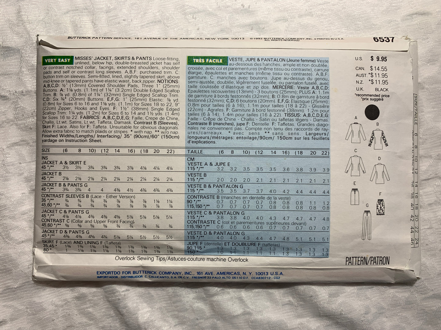 Butterick Sewing Pattern 6537 Misses'/Misses' Jacket, Skirts, Zipper, Pants, Loose-Fitting Long Sleeves, Size 6-10, Uncut, Vintage 1992