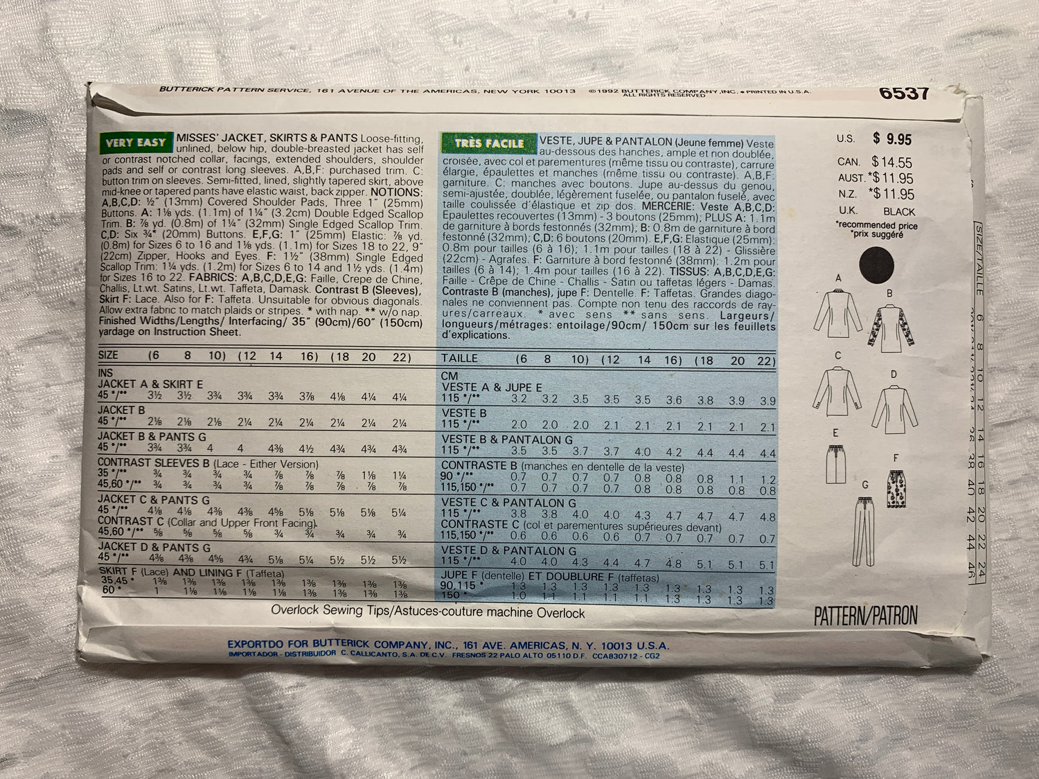 Butterick Sewing Pattern 6537 Misses'/Misses' Jacket, Skirts, Zipper, Pants, Loose-Fitting Long Sleeves, Size 6-10, Uncut, Vintage 1992