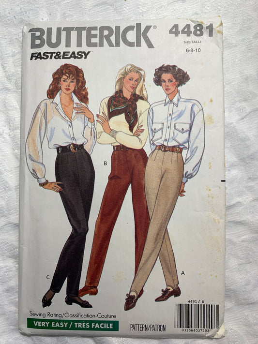 Butterick Sewing Pattern 4481 Misses' Petite Pants, Fitted, Side Zipper, Size 6-10, Uncut, Vintage 1989