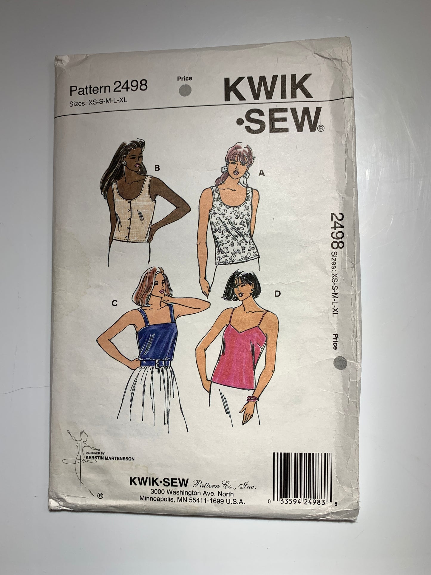 KWIK Sewing Pattern 2498 Misses' Tops, Camisoles, Pullover, Straps, 4 Variations, Button Back,Size 31-45, Uncut, Vintage 1985