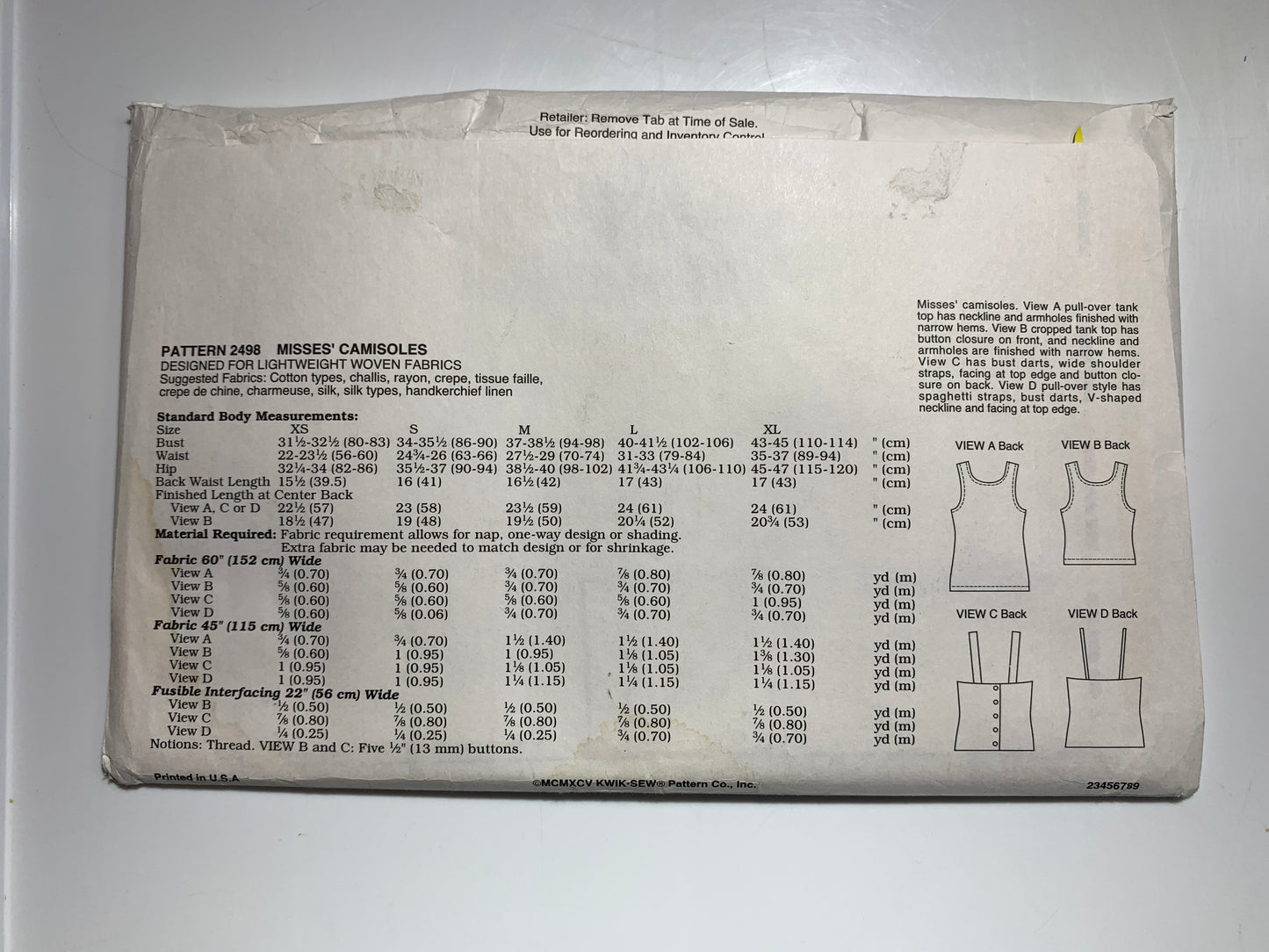 KWIK Sewing Pattern 2498 Misses' Tops, Camisoles, Pullover, Straps, 4 Variations, Button Back,Size 31-45, Uncut, Vintage 1985