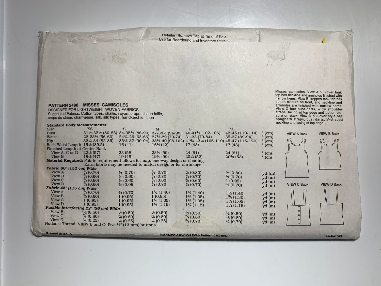 KWIK Sewing Pattern 2498 Misses' Tops, Camisoles, Pullover, Straps, 4 Variations, Button Back,Size 31-45, Uncut, Vintage 1985