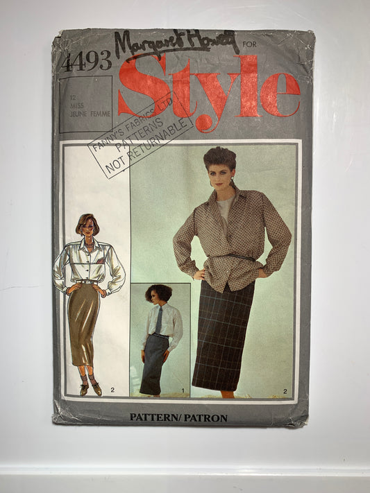 Style Sewing Pattern 4493 Misses' Top, Shirt, Skirt, Pockets, Zipper Back, Long Sleeves, Size 12, Uncut, Vintage 1985