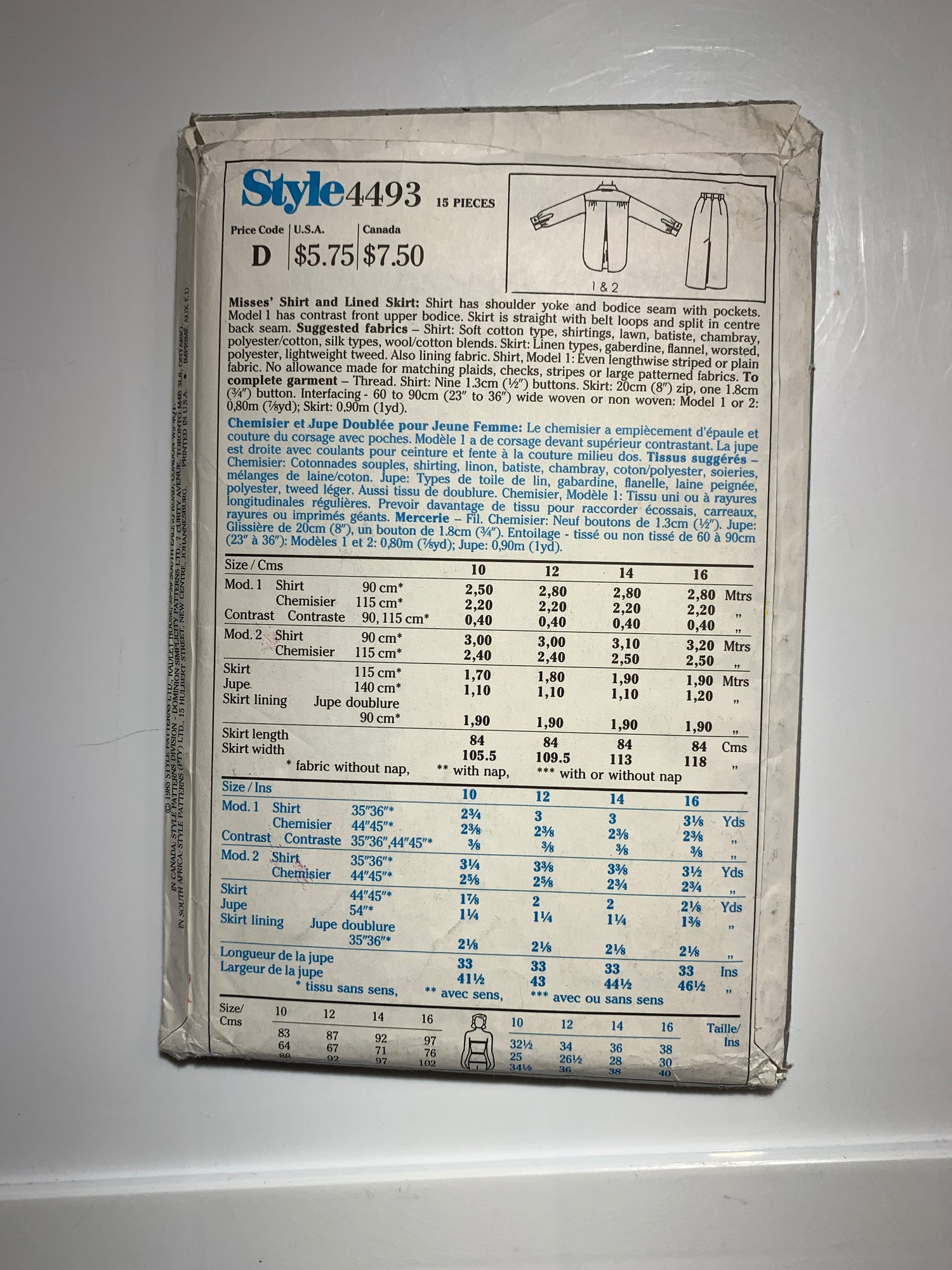 Style Sewing Pattern 4493 Misses' Top, Shirt, Skirt, Pockets, Zipper Back, Long Sleeves, Size 12, Uncut, Vintage 1985