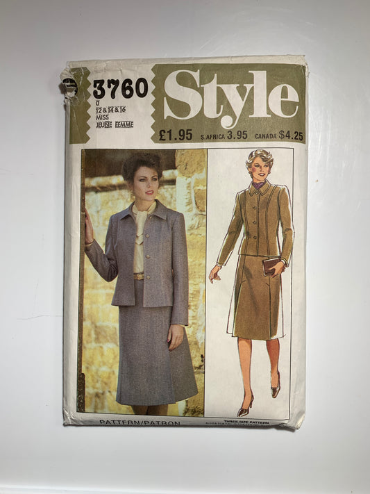 Style Sewing Pattern 3760 Misses' Lined Jacket, Skirt, Button Front, Shoulder Pads, Zipper Back,Size 12-16, Uncut, Vintage 1982