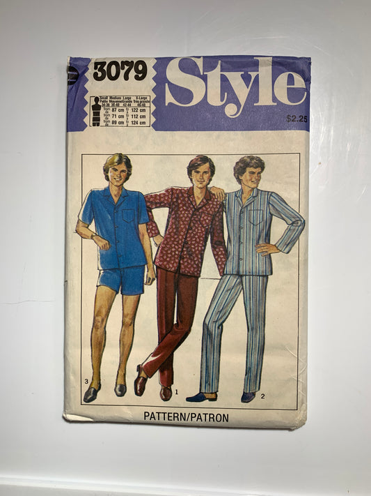 Style Sewing Pattern 3079 Men's Pajamas, Top, Pants, Shorts, Two Lengths, Long/Short Sleeves, Collar, Fly Front, Size 34-48, Uncut, Vintage 1980