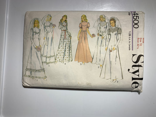 Style Sewing Pattern 4500 Misses' Wedding Dress, Bridesmaids, Long/Short Sleeves, Zipper Back, Size 10, Uncut, Vintage