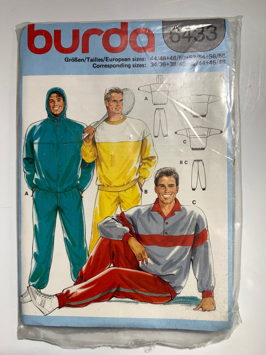 Burda Sewing Pattern 6433 Men's Sweatsuit, Jogging Suit, Elastic Waist, Pockets, Zipper Front, Size 34-48, Uncut, 2000
