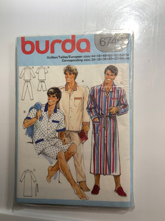 Burda Sewing Pattern 6746 Mens' Pajamas, Top, Pants, Shorts, Robe, Pocket, Button Front, Size 34-46, Uncut, Vintage 1990