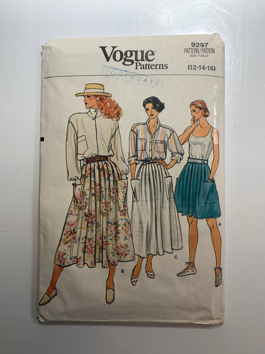 Vogue Sewing Pattern 9297 Misses' Skirts, 3 Lengths, Zipper Back, Pockets, Pleats, Size 12-16, Uncut, Vintage 1985