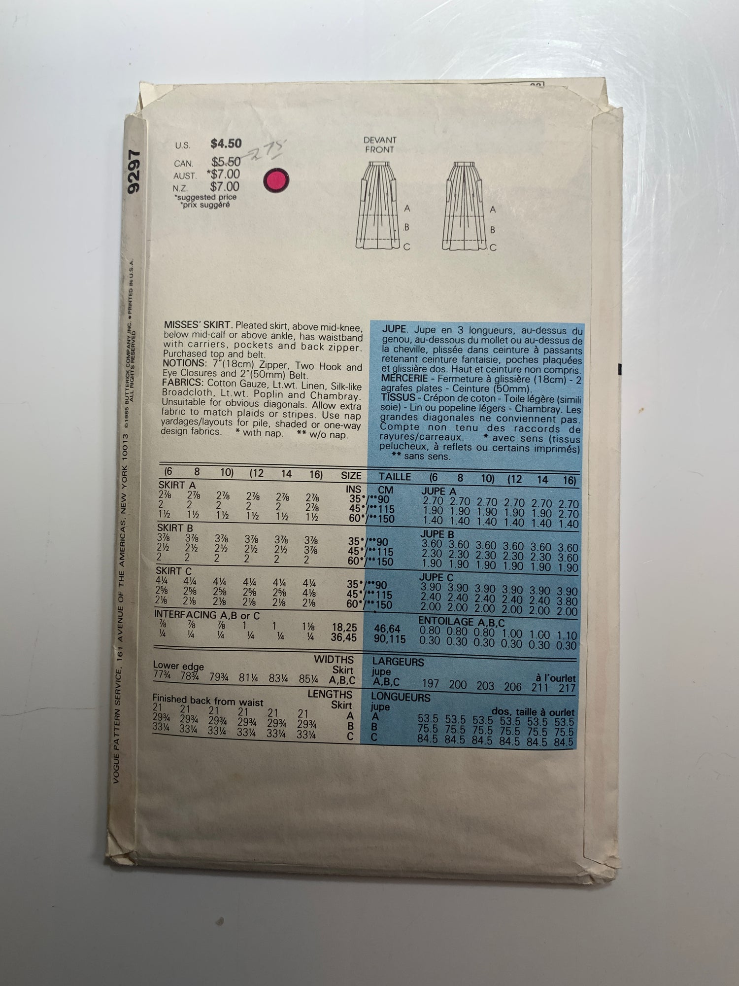 Vogue Sewing Pattern 9297 Misses' Skirts, 3 Lengths, Zipper Back, Pockets, Pleats, Size 12-16, Uncut, Vintage 1985