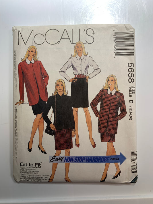 McCall's Sewing Pattern 5658 Misses' Unlined Jacket, Blouse, Skirt, Loose-Fitting, Shoulder Pads, Pockets, Size 12-16, Uncut, Vintage 1991