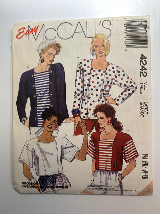 McCall's Sewing Pattern 4242 Misses' Tops, Stretch Knits Only, Pullover, Two Lengths, Long/Short Sleeves, Size 18-20, Uncut, Vintage 1989