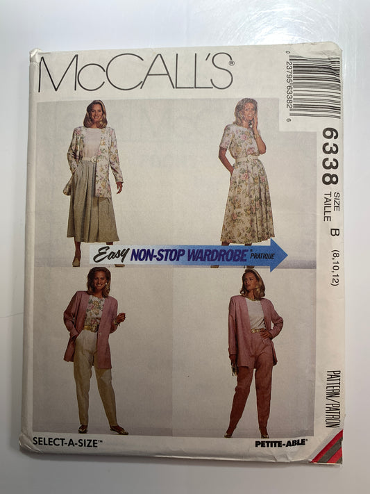 McCall's Sewing Pattern 6338 Misses' Unlined Jacket, Top, Pants, Skirt, Long/Short Sleeves, Pockets, Size 8-12, Uncut, Vintage 1993