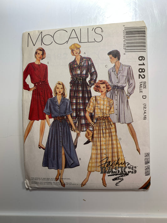 McCall's Sewing Pattern 6182 Misses' Dress,Two Lengths, Long/Short Sleeves, Front Button, Size 12-16, Uncut, Vintage 1992