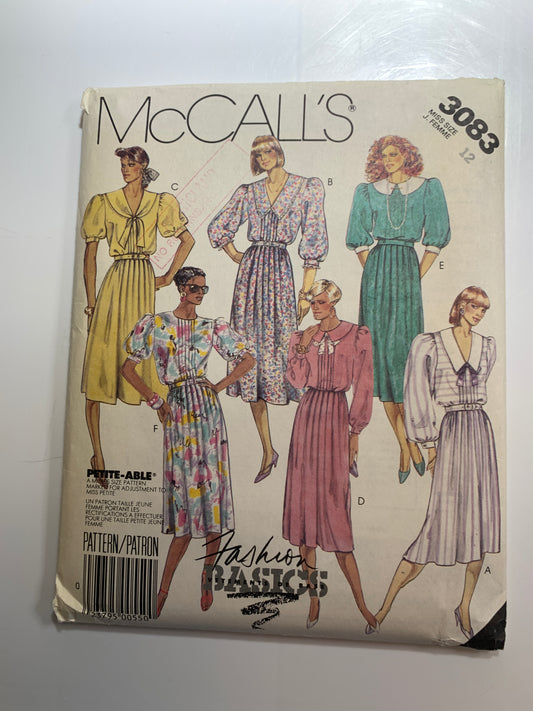 McCall's Sewing Pattern 3083 Misses' Dresses, 6 Variations, Pullover, Long/Short Sleeves, Size 12, Uncut, Vintage 1987