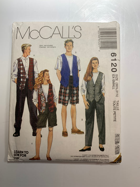 McCall's Sewing Pattern 6120 Misses'/Men's/Teens' T-Shirt, Vest, Pants, Shorts, Size 30-31, Uncut, Vintage 1992