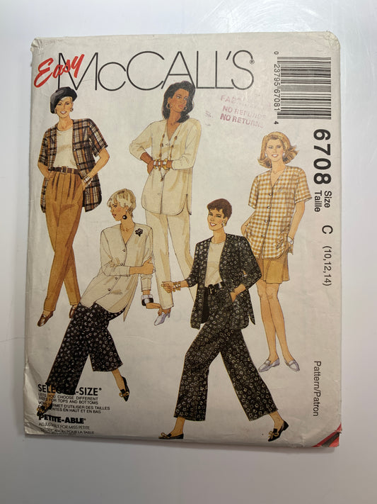 McCall's Sewing Pattern 6708 Misses' Cardigan, Top, Pants, Culottes, Shorts, Size 10-14, Uncut, Vintage 1993