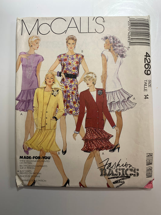 McCall's Sewing Pattern 4269 Misses' Unlined Jacket, Top, Skirt, Long Sleeves, Shoulder Pads, Size 14, Uncut, Vintage 1989