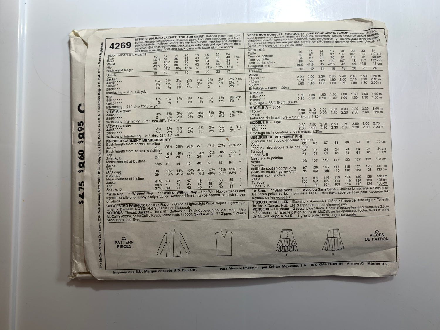 McCall's Sewing Pattern 4269 Misses' Unlined Jacket, Top, Skirt, Long Sleeves, Shoulder Pads, Size 14, Uncut, Vintage 1989