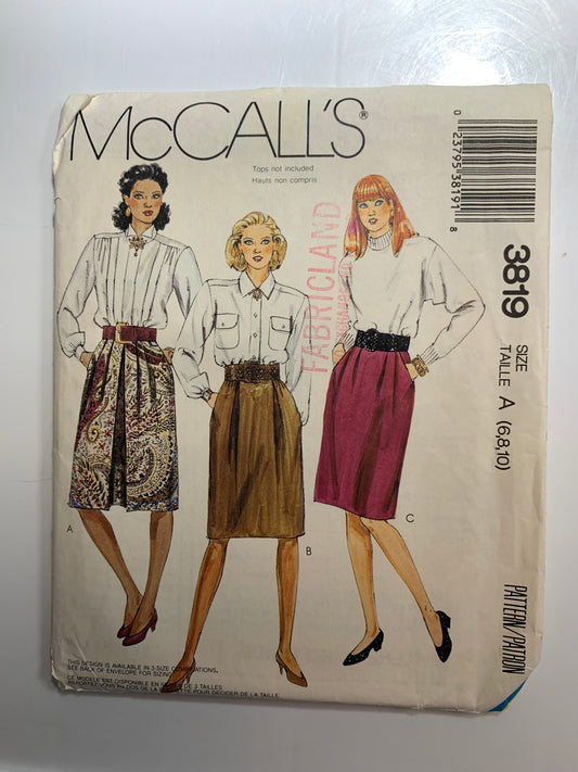 McCall's Sewing Pattern 3819 Misses' Skirt, 3 Variations, Pleats, Zipper Back, Size 6-10, Uncut, Vintage 1988