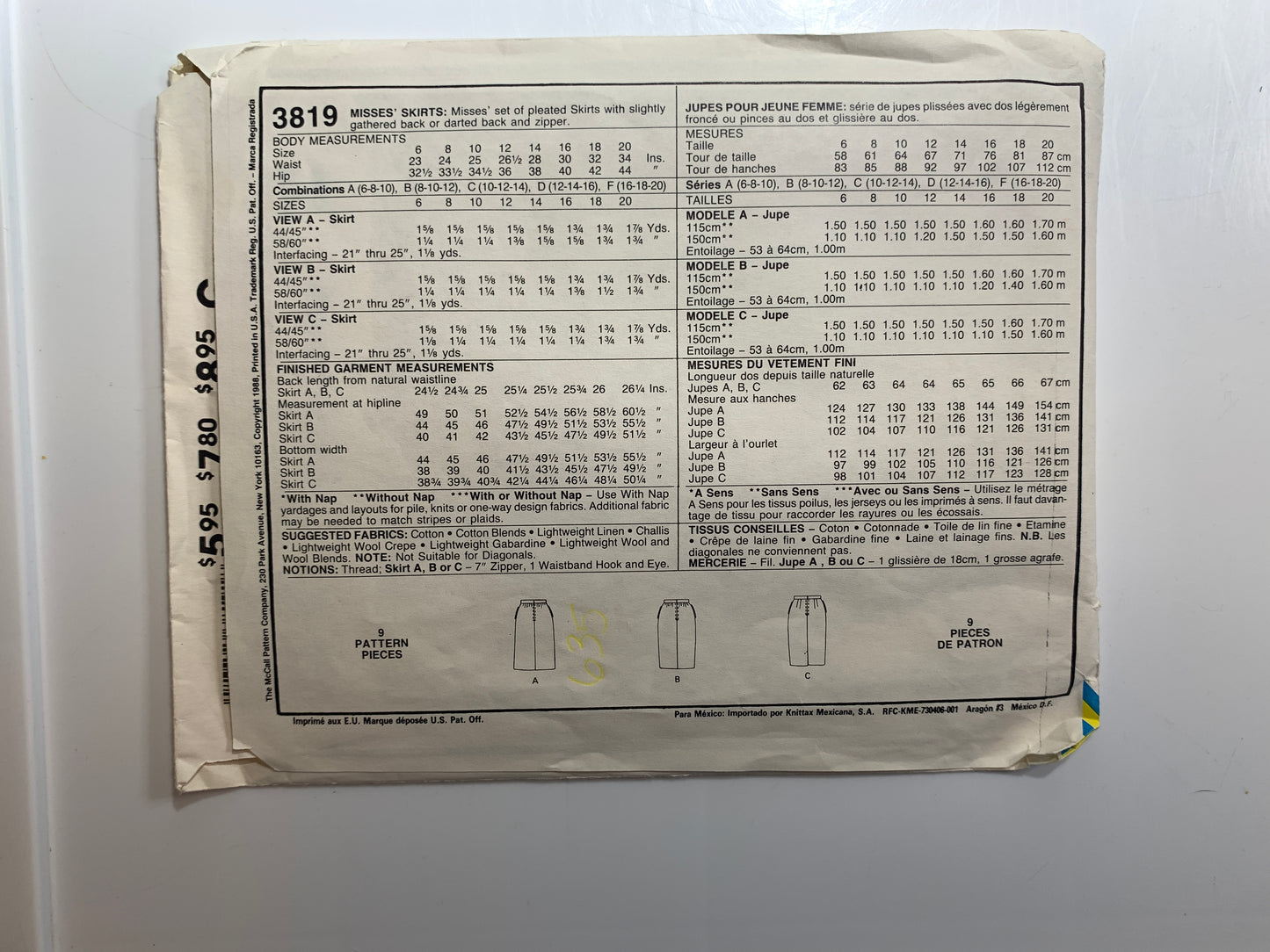 McCall's Sewing Pattern 3819 Misses' Skirt, 3 Variations, Pleats, Zipper Back, Size 6-10, Uncut, Vintage 1988