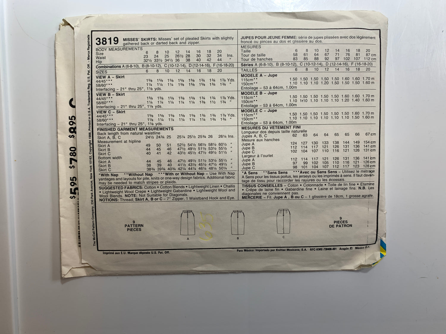 McCall's Sewing Pattern 3819 Misses' Skirt, 3 Variations, Pleats, Zipper Back, Size 6-10, Uncut, Vintage 1988
