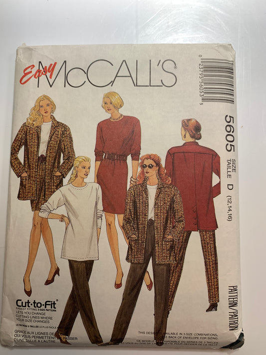 McCall's 5605 Misses' Unlined Jacket, Top, Skirt, Pants, Loose-Fitting, Shoulder Pads Size 12-16, Uncut, Vintage 1991