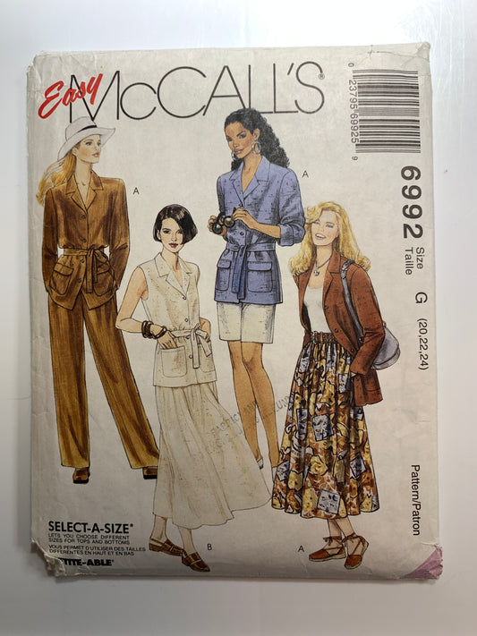 McCall's Sewing Pattern 6992 Misses' Unlined Jacket, Pants, Skirt, Tie Belt, Shorts, Elastic Waist, Loose-Fitting, Size 20-24, Uncut, Vintage 1994