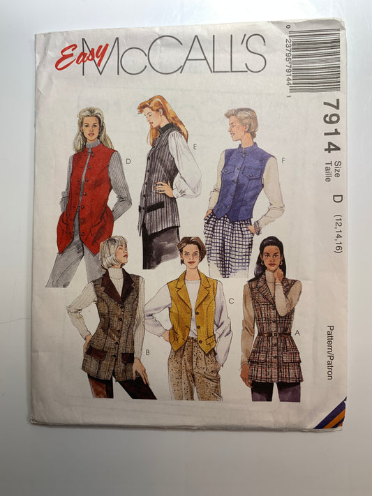 McCall's Sewing Pattern 7914 Misses' Vest, Two Lengths, Princess Seams, Button Front, Size 12-16, Uncut, Vintage 1995