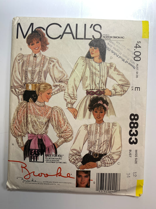 McCall's Sewing Pattern 8833 Misses' Blouse, 4 Variations, Long Sleeves, Button Front, Size 12, Uncut, Vintage 1983