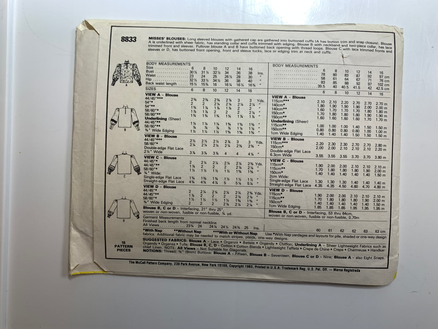 McCall's Sewing Pattern 8833 Misses' Blouse, 4 Variations, Long Sleeves, Button Front, Size 12, Uncut, Vintage 1983