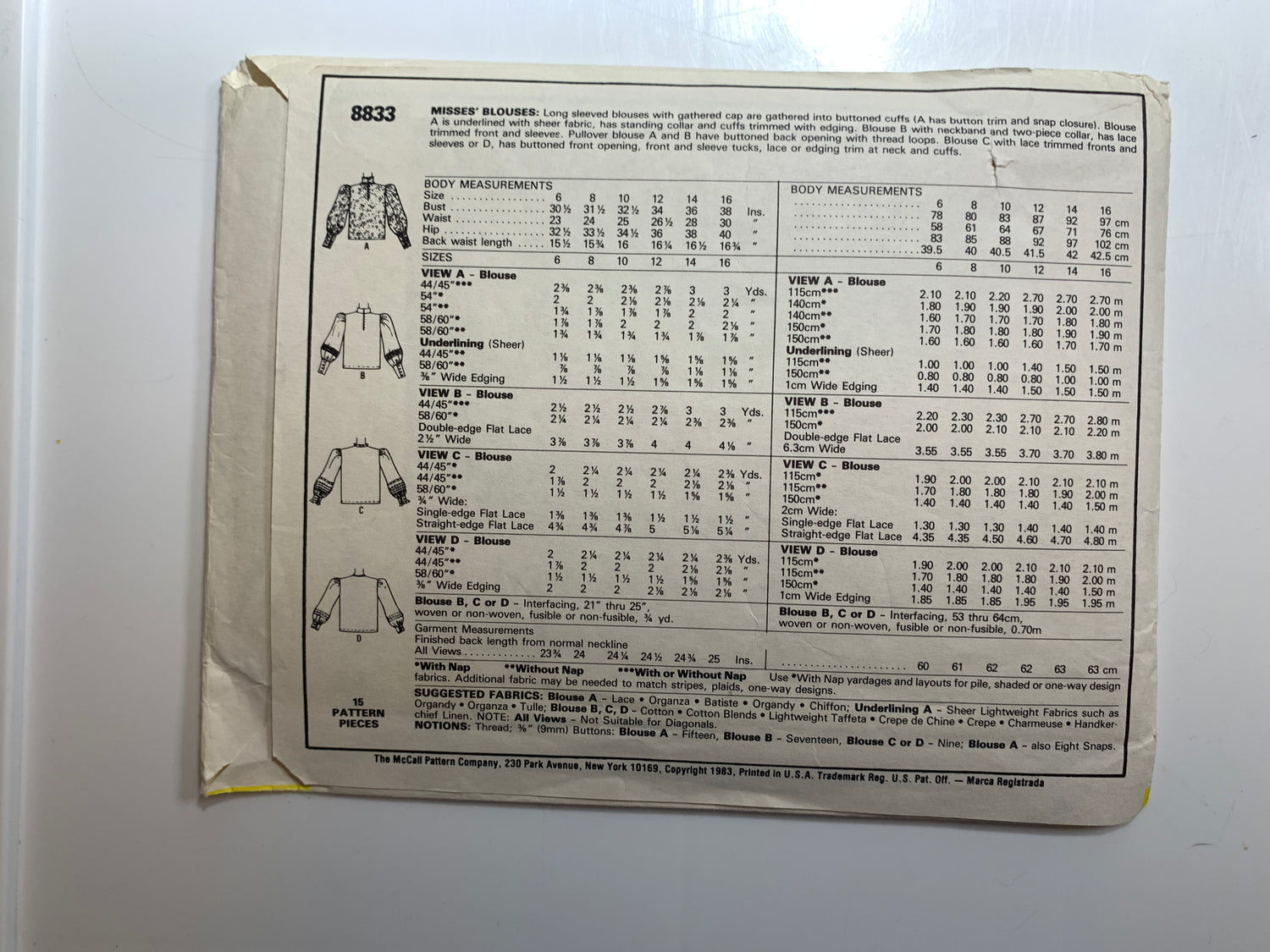 McCall's Sewing Pattern 8833 Misses' Blouse, 4 Variations, Long Sleeves, Button Front, Size 12, Uncut, Vintage 1983