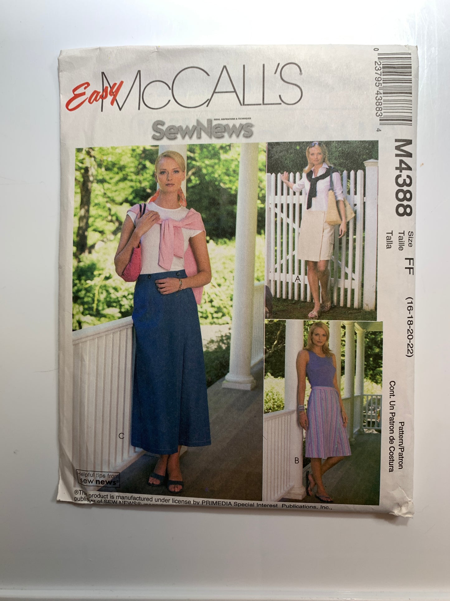 McCall's Sewing Pattern M4388 Misses', Skorts, Zipper Front, Pocket, Three Lengths, Size 16-22, Uncut, 2004