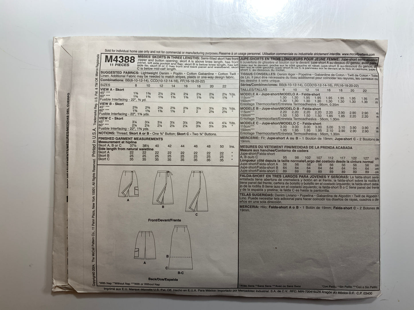 McCall's Sewing Pattern M4388 Misses', Skorts, Zipper Front, Pocket, Three Lengths, Size 16-22, Uncut, 2004