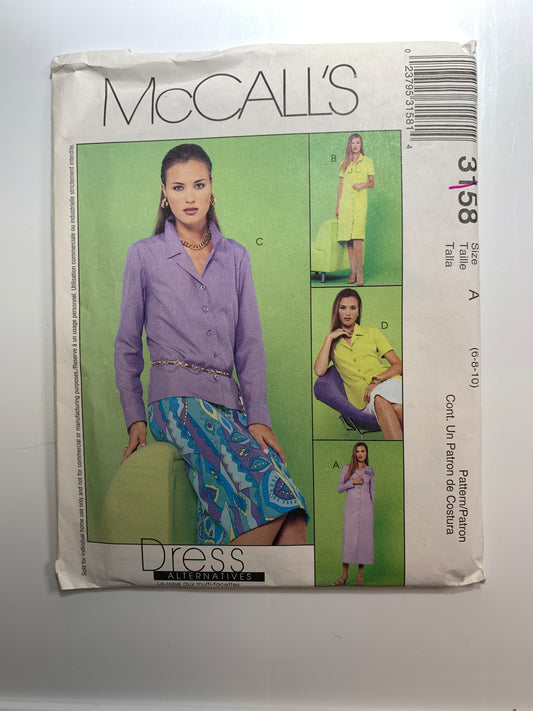 McCall's Sewing Pattern 3158 Misses'/Miss Petite Dress, Two Lengths, Top, Skirt, Tie, Size 6-10, Uncut, 2001
